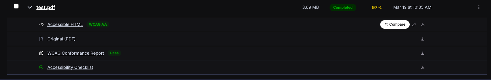 Screenshot: Expanded file row with download options